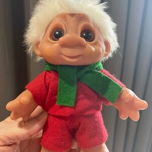 Vintage Troll Doll with Red Outfit and Green Scarf